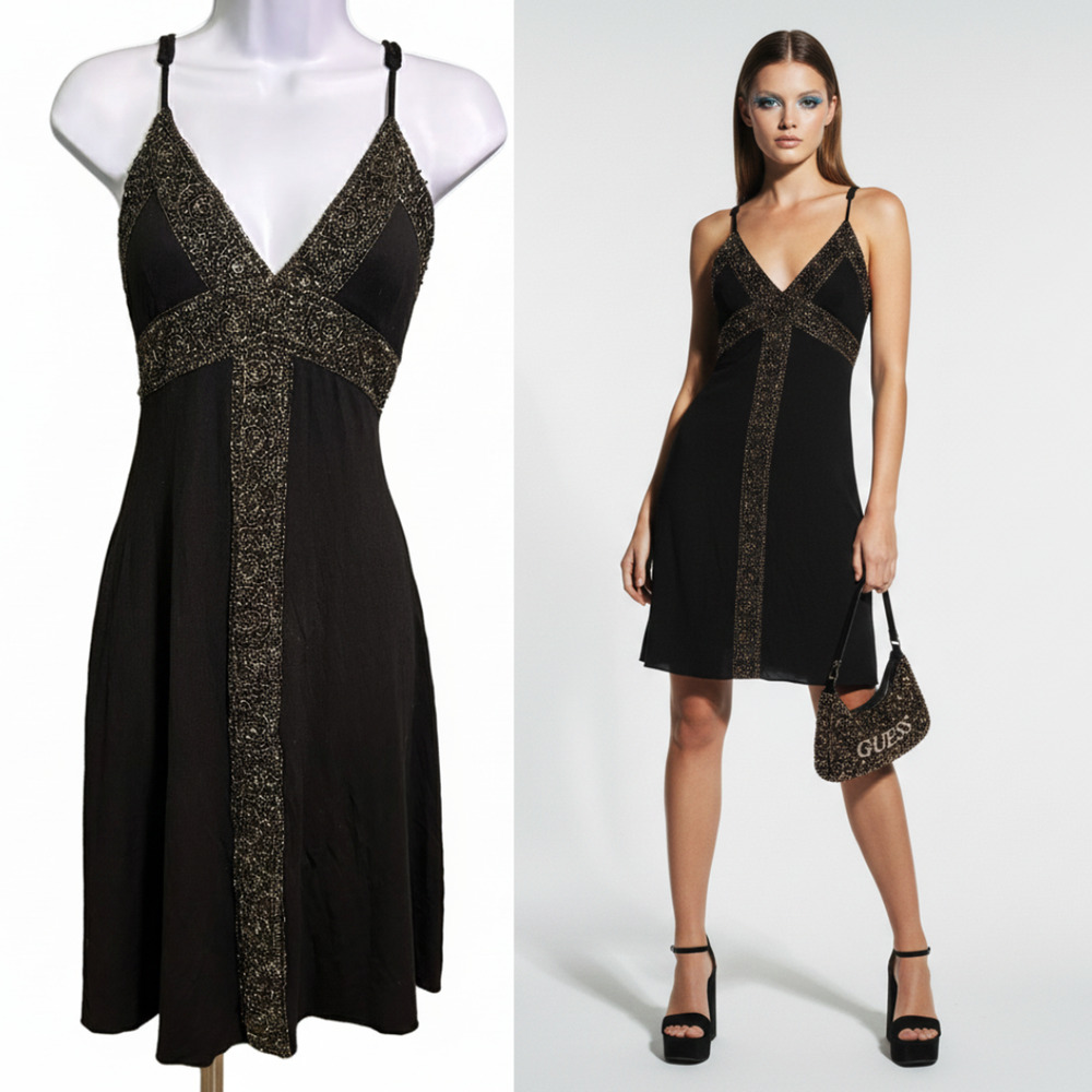 Vintage Y2K Guess Jeans Beaded Empire Waist Slip Dress Womens M Black Evening